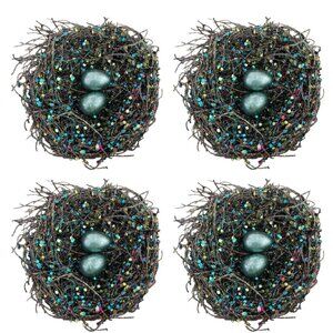 Vintage Glittery Bird Nest Christmas Ornaments - Set of 4